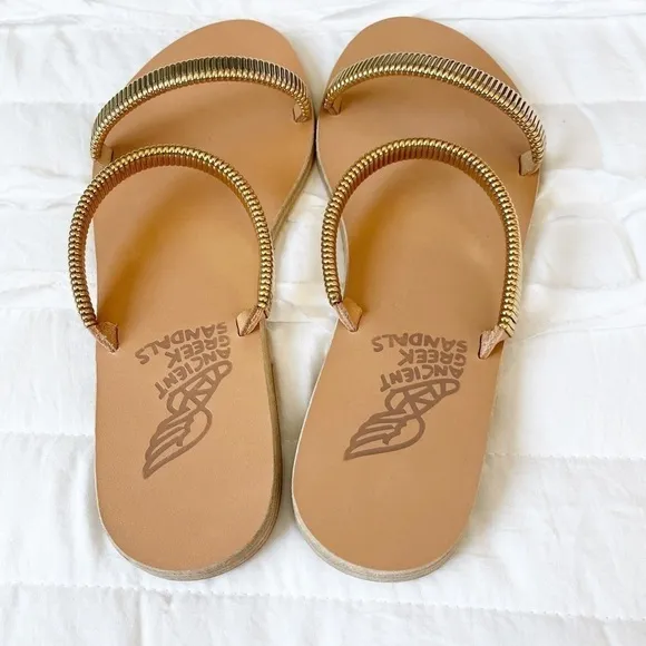 Ancient Greek Sandals Gold Leather Saita Slip On Flat Sandals