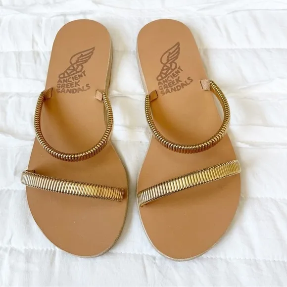 Ancient Greek Sandals Gold Leather Saita Slip On Flat Sandals