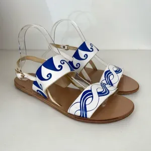 Ancient Greek Sandals Leather Womens 11 41 Blue White Waves Print 2-Strap Mules