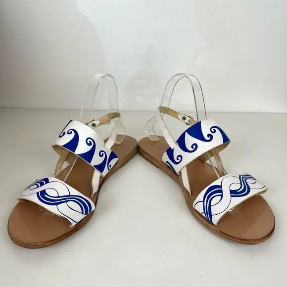 Ancient Greek Sandals Leather Womens 11 41 Blue White Waves Print 2-Strap Mules