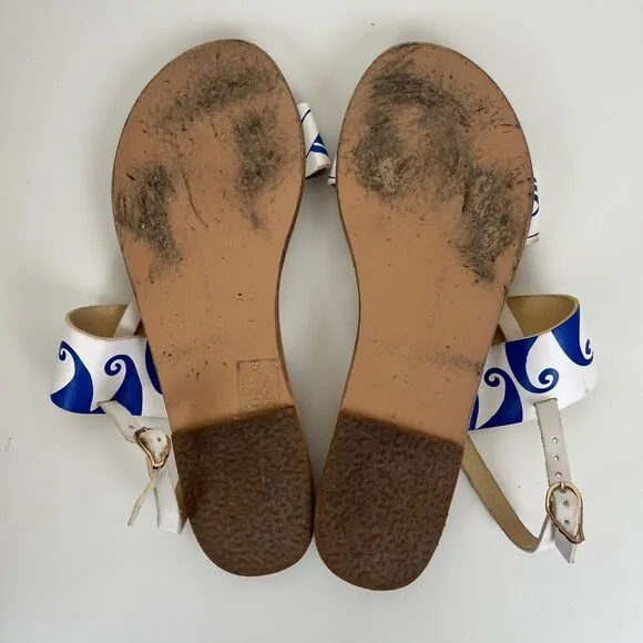 Ancient Greek Sandals Leather Womens 11 41 Blue White Waves Print 2-Strap Mules