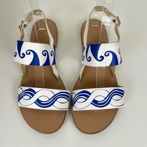 Ancient Greek Sandals Leather Womens 11 41 Blue White Waves Print 2-Strap Mules