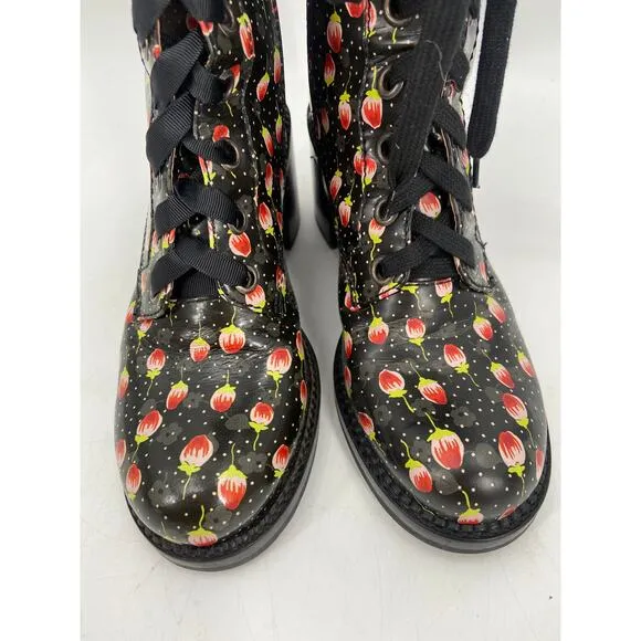 ANNA SUI Floral Leather Printed Lace Up Combat Boots Size 7