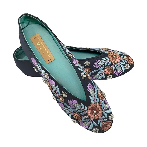 Anthro/Llani Fairy Wedding Boho Gypsy Floral Embroidered Satin Ballet Flat Sz 39