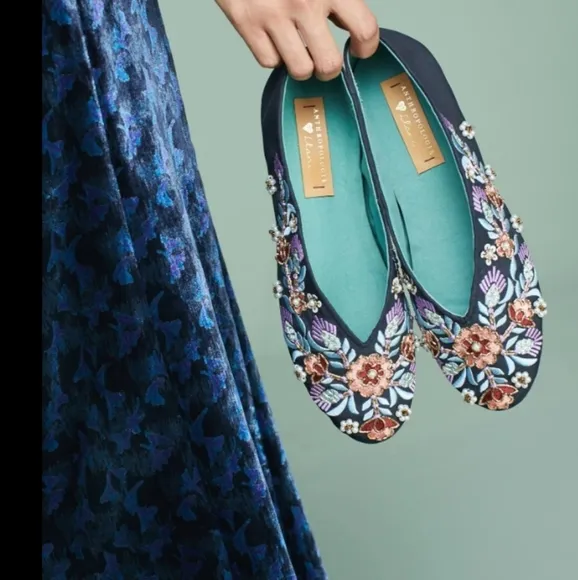 Anthro/Llani Fairy Wedding Boho Gypsy Floral Embroidered Satin Ballet Flat Sz 39