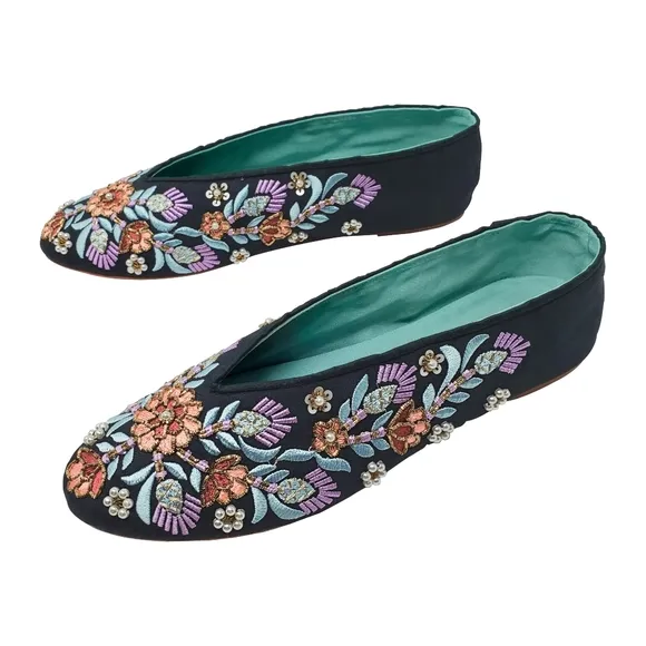 Anthro/Llani Fairy Wedding Boho Gypsy Floral Embroidered Satin Ballet Flat Sz 39