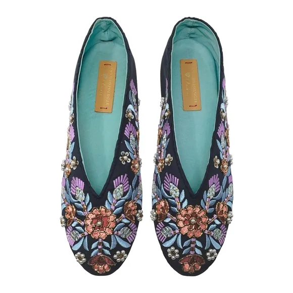 Anthro/Llani Fairy Wedding Boho Gypsy Floral Embroidered Satin Ballet Flat Sz 39