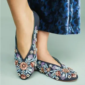 Anthro/Llani Fairy Wedding Boho Gypsy Floral Embroidered Satin Ballet Flat Sz 39