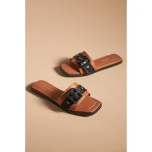 Anthropologie Buckle Slide Sandals Square-Toe Tan &amp; Black‎ Size 40 (9.5)