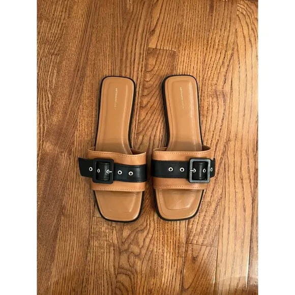 Anthropologie Buckle Slide Sandals Square-Toe Tan &amp; Black‎ Size 40 (9.5)