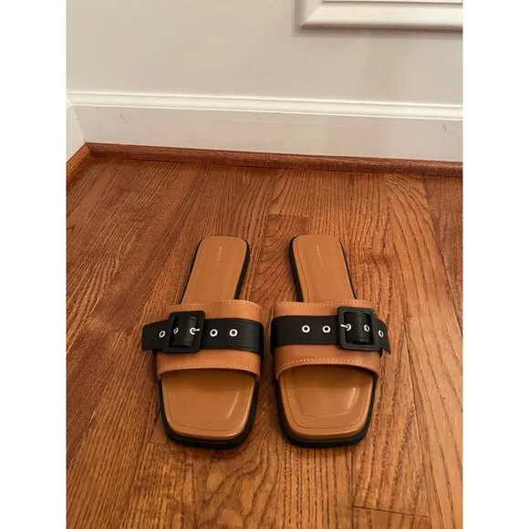 Anthropologie Buckle Slide Sandals Square-Toe Tan &amp; Black‎ Size 40 (9.5)