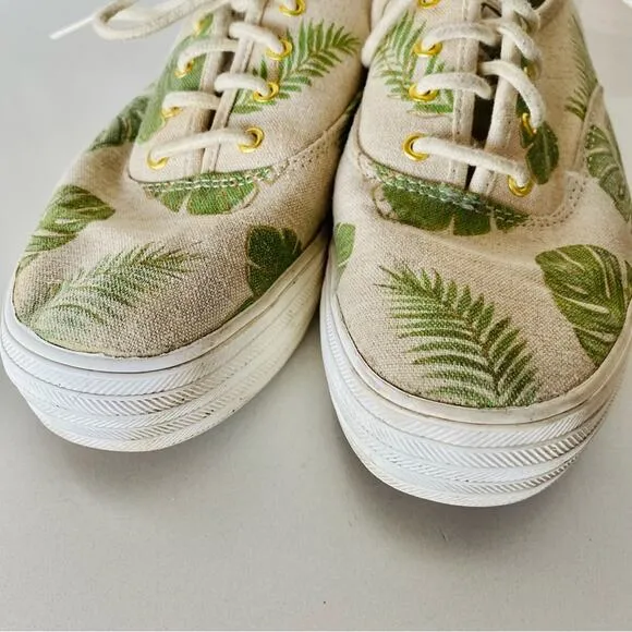 ANTHROPOLOGIE KEDS Canvas Cream Green Palm Tropical Leaf Platform Sneakers 8.5