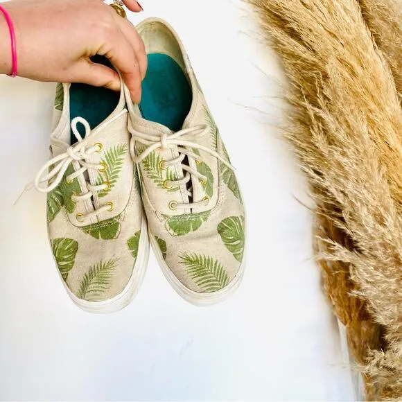 ANTHROPOLOGIE KEDS Canvas Cream Green Palm Tropical Leaf Platform Sneakers 8.5