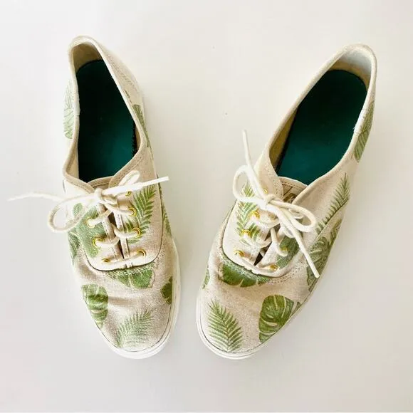 ANTHROPOLOGIE KEDS Canvas Cream Green Palm Tropical Leaf Platform Sneakers 8.5