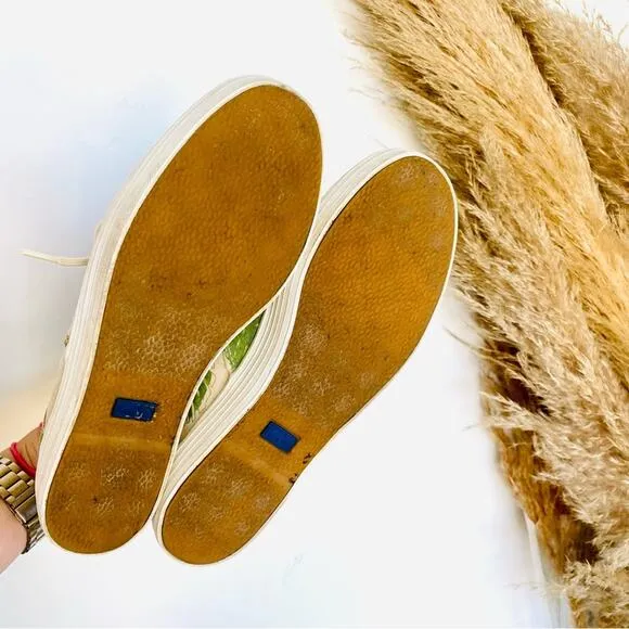 ANTHROPOLOGIE KEDS Canvas Cream Green Palm Tropical Leaf Platform Sneakers 8.5