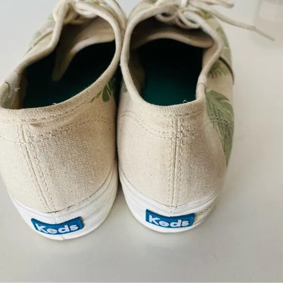 ANTHROPOLOGIE KEDS Canvas Cream Green Palm Tropical Leaf Platform Sneakers 8.5