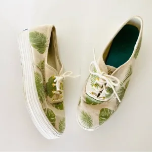 ANTHROPOLOGIE KEDS Canvas Cream Green Palm Tropical Leaf Platform Sneakers 8.5