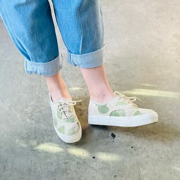 ANTHROPOLOGIE KEDS Canvas Cream Green Palm Tropical Leaf Platform Sneakers 8.5