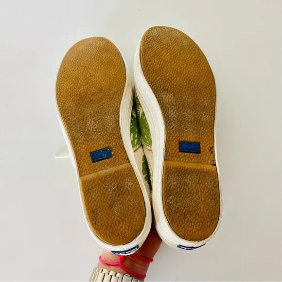 ANTHROPOLOGIE KEDS Canvas Cream Green Palm Tropical Leaf Platform Sneakers 8.5