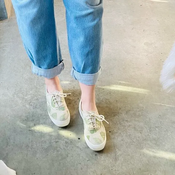 ANTHROPOLOGIE KEDS Canvas Cream Green Palm Tropical Leaf Platform Sneakers 8.5