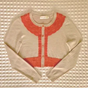 Anthropologie Tan Grey w Orange Lace &amp; Button Front Cardigan Sweater S