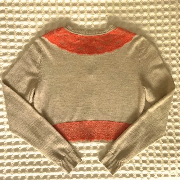 Anthropologie Tan Grey w Orange Lace &amp; Button Front Cardigan Sweater S