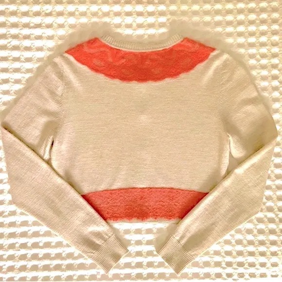 Anthropologie Tan Grey w Orange Lace &amp; Button Front Cardigan Sweater S