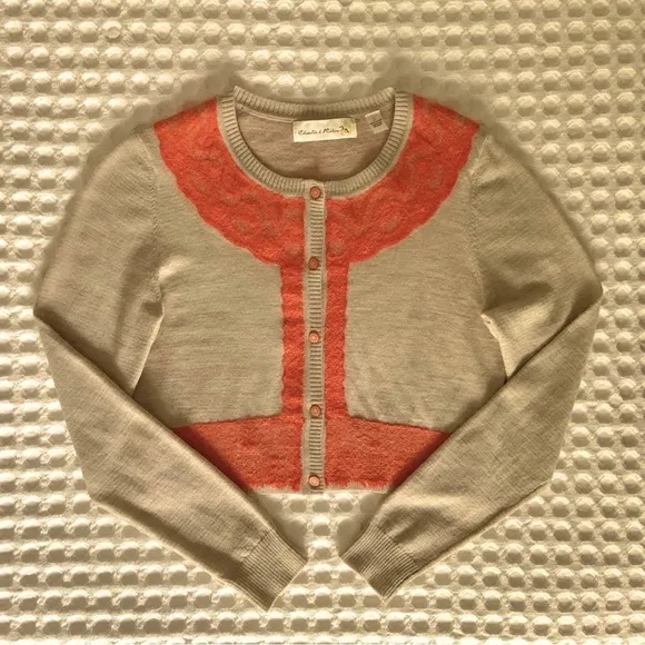 Anthropologie Tan Grey w Orange Lace &amp; Button Front Cardigan Sweater S