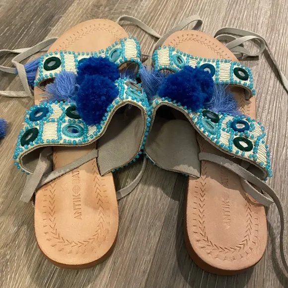 Antik Batik Lace Up Women Sandals Blue 37 Pom Pom