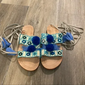 Antik Batik Lace Up Women Sandals Blue 37 Pom Pom