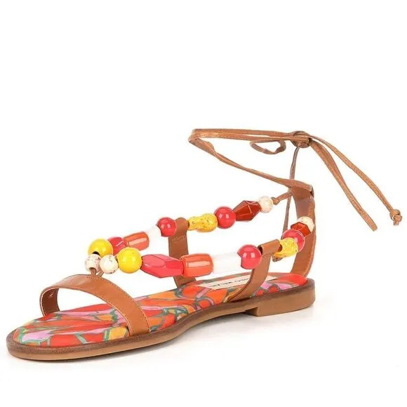Antonio Melani | Loola Beaded Leather Ankle Wrap Flat Sandals