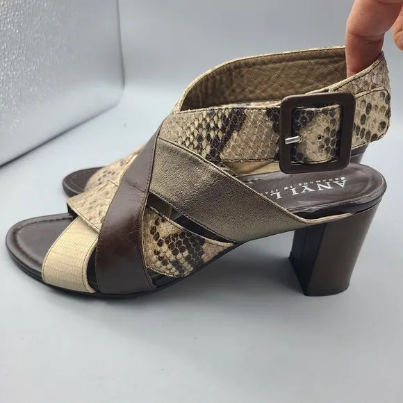 Anyi Lu Womens Heel Sandals Leather Brown Snake Bronze Buckle Size 9.5 40
