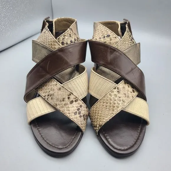 Anyi Lu Womens Heel Sandals Leather Brown Snake Bronze Buckle Size 9.5 40