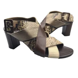 Anyi Lu Womens Heel Sandals Leather Brown Snake Bronze Buckle Size 9.5 40
