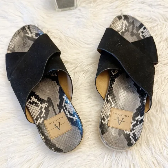AQUATALIA Black Suede Snake Print Sole luxury flats women size 8