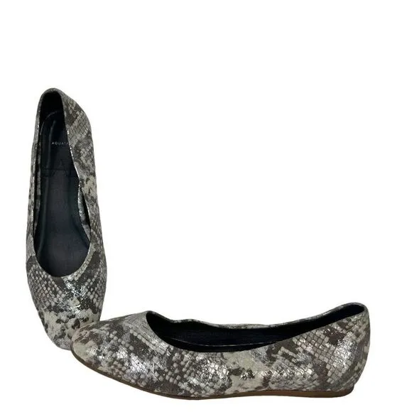 Aquatalia Cierra Metallic Leather Snakeskin Gray &amp; Silver Ballet Flat Size 8.5