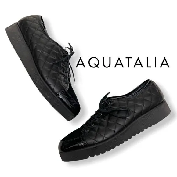 Aquatalia Quilted Black Leather Platform Oxford Sneakers