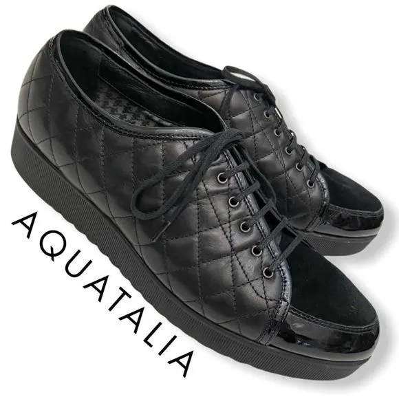 Aquatalia Quilted Black Leather Platform Oxford Sneakers