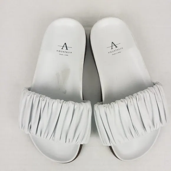 AQUATALIA Womens White Ruched Iva Round Toe Slip On Leather Slide Sandals 5.5