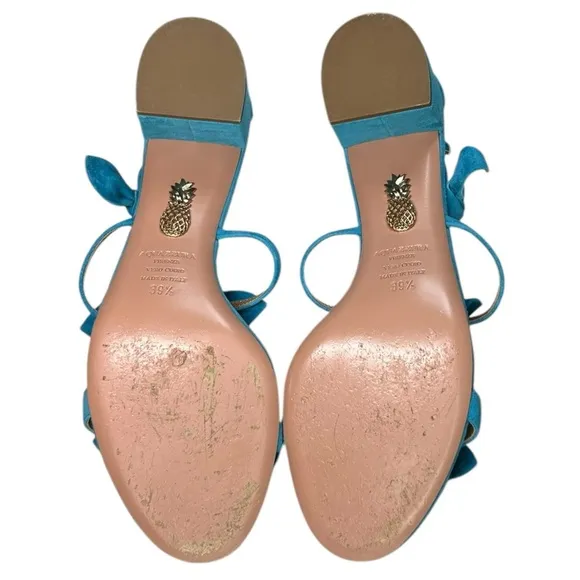 Aquazzura - Suede Sandals, ‘St. Tropez’ Bow, Block Heel - Blue, 39.5 IT, 9.5 US