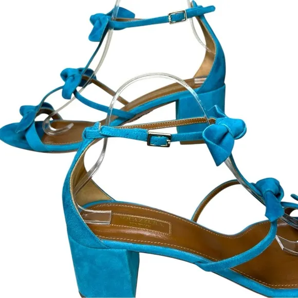 Aquazzura - Suede Sandals, ‘St. Tropez’ Bow, Block Heel - Blue, 39.5 IT, 9.5 US