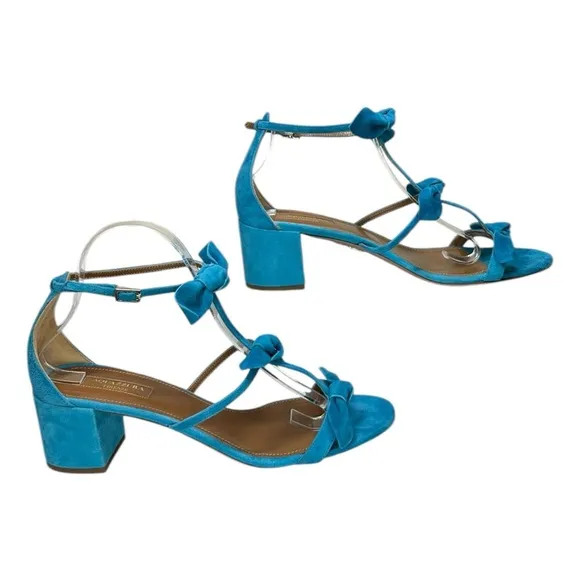Aquazzura - Suede Sandals, ‘St. Tropez’ Bow, Block Heel - Blue, 39.5 IT, 9.5 US