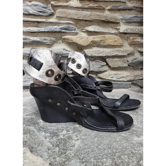 A.S.98 Ankle Strap Snap Button Wedges 41=9.5 Black Silver