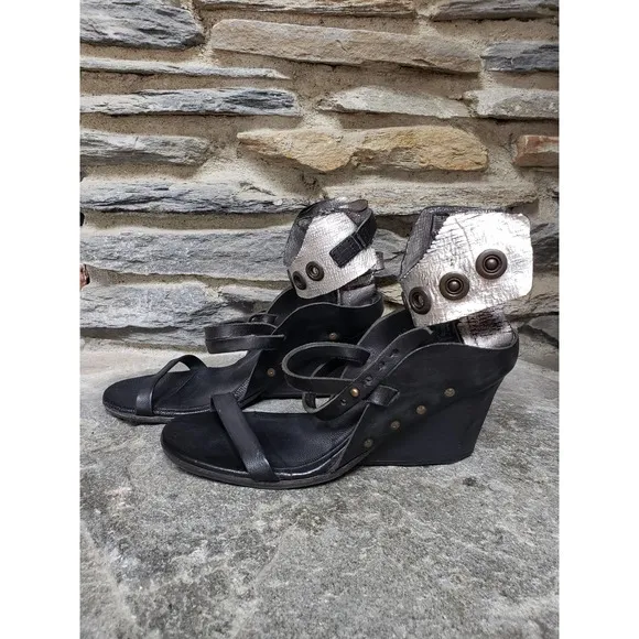 A.S.98 Ankle Strap Snap Button Wedges 41=9.5 Black Silver