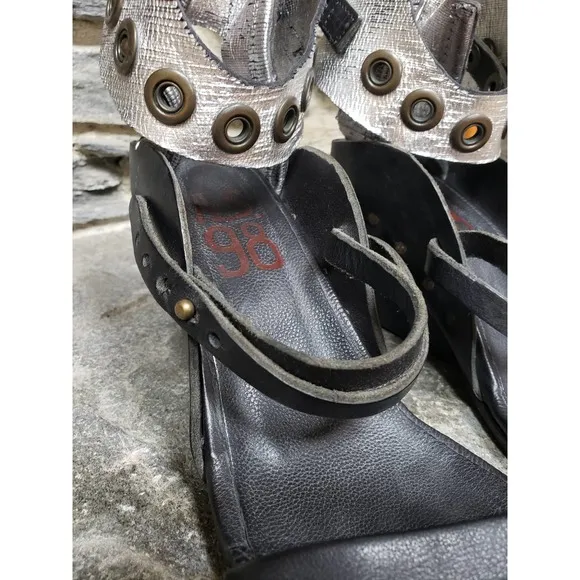 A.S.98 Ankle Strap Snap Button Wedges 41=9.5 Black Silver