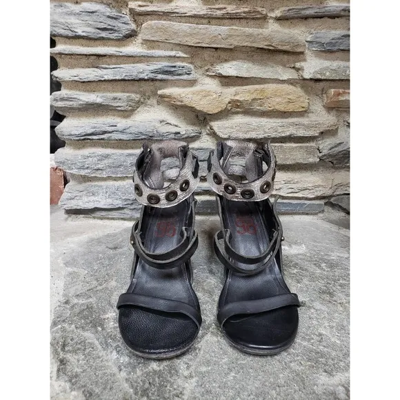 A.S.98 Ankle Strap Snap Button Wedges 41=9.5 Black Silver
