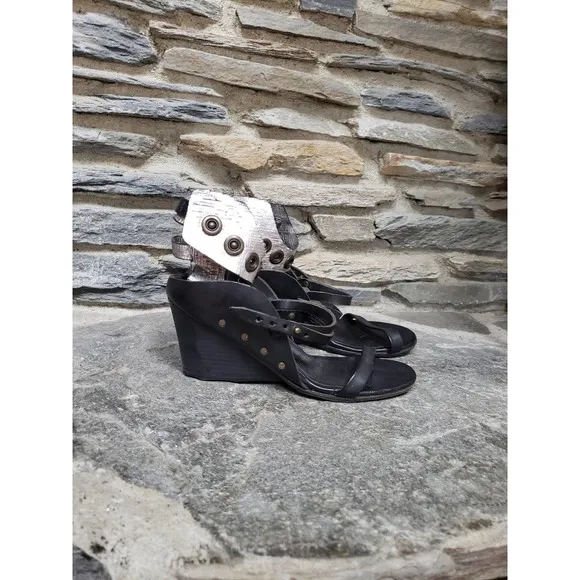 A.S.98 Ankle Strap Snap Button Wedges 41=9.5 Black Silver