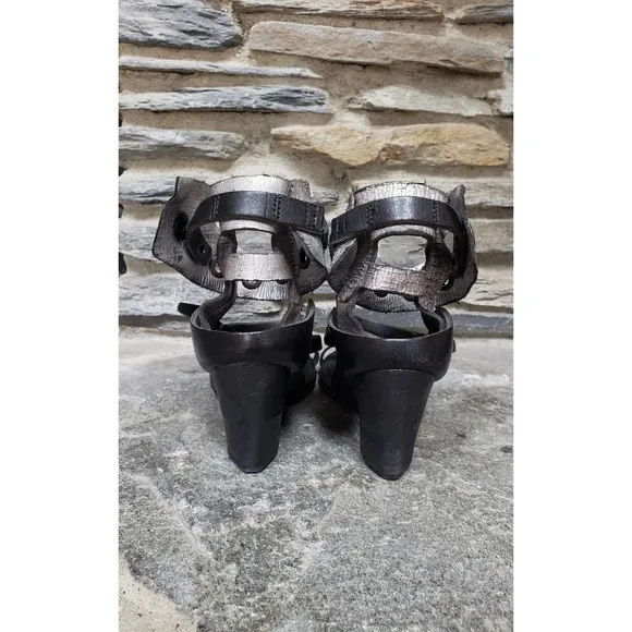 A.S.98 Ankle Strap Snap Button Wedges 41=9.5 Black Silver