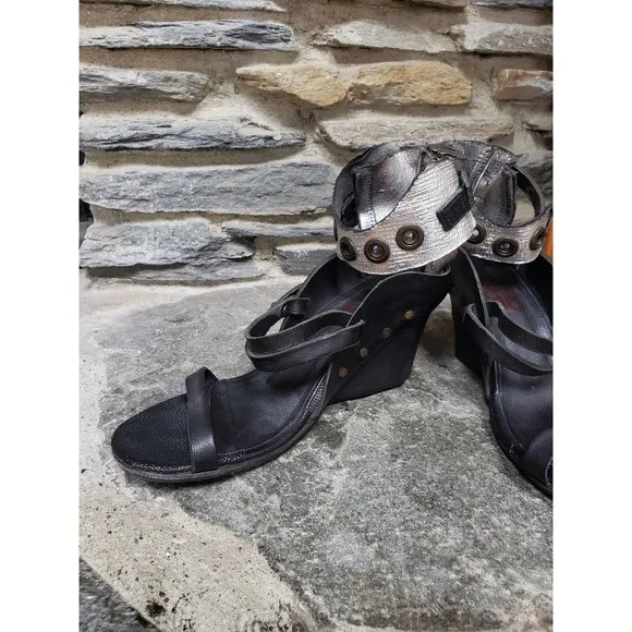 A.S.98 Ankle Strap Snap Button Wedges 41=9.5 Black Silver