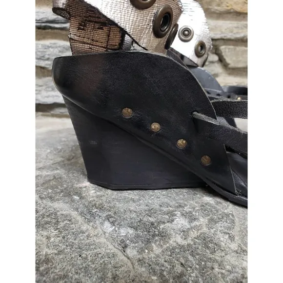 A.S.98 Ankle Strap Snap Button Wedges 41=9.5 Black Silver